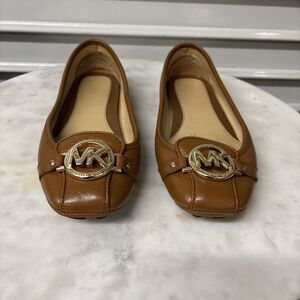 Michael Kors Fulton Ballet Flats Brown Leather Shoes Gold MK Logo Size 7.5M